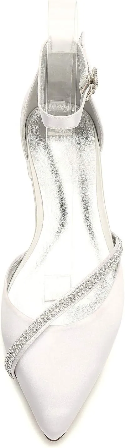 Women Satin Wedding Shoes for Bride Flats Pointed Toe Crystals Party Dress Bridesmaid Shoes 5047-1