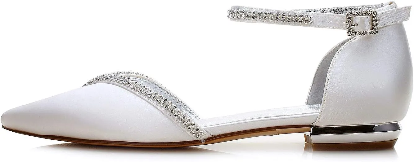 Women Satin Wedding Shoes for Bride Flats Pointed Toe Crystals Party Dress Bridesmaid Shoes 5047-1