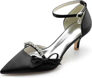 Women Sexy Evening Pointed Toe Satin Low Heel Pumps Kitten Heeled Ankle Strap Shoes with Bow