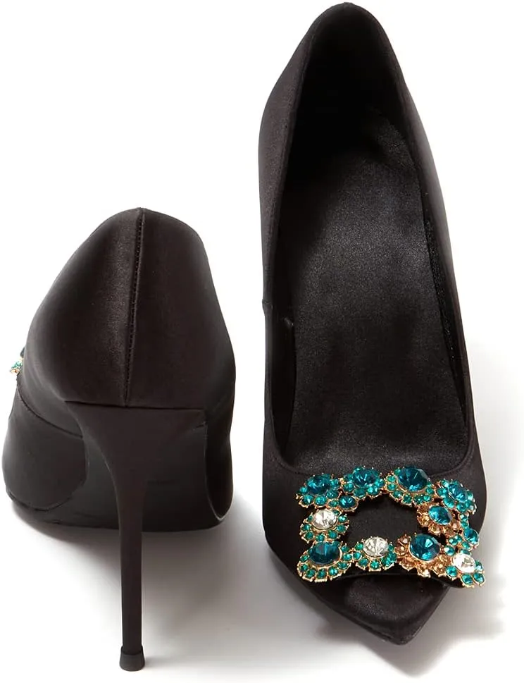 Women Silk High Heel Pumps Rhinestone Buckle Slip on Satin Stilettos Evening Wedding Dress Shoes