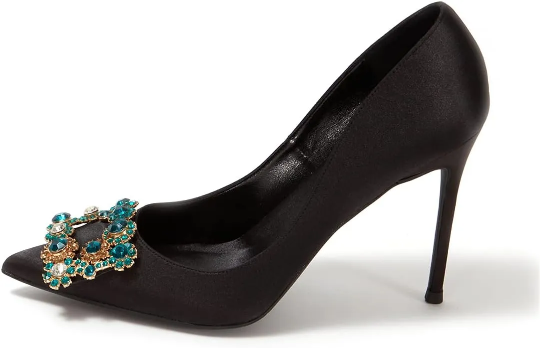 Women Silk High Heel Pumps Rhinestone Buckle Slip on Satin Stilettos Evening Wedding Dress Shoes