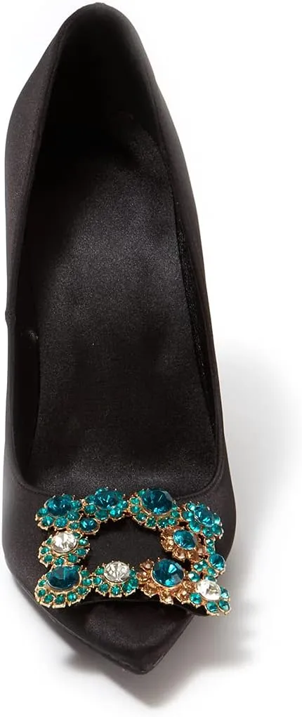 Women Silk High Heel Pumps Rhinestone Buckle Slip on Satin Stilettos Evening Wedding Dress Shoes