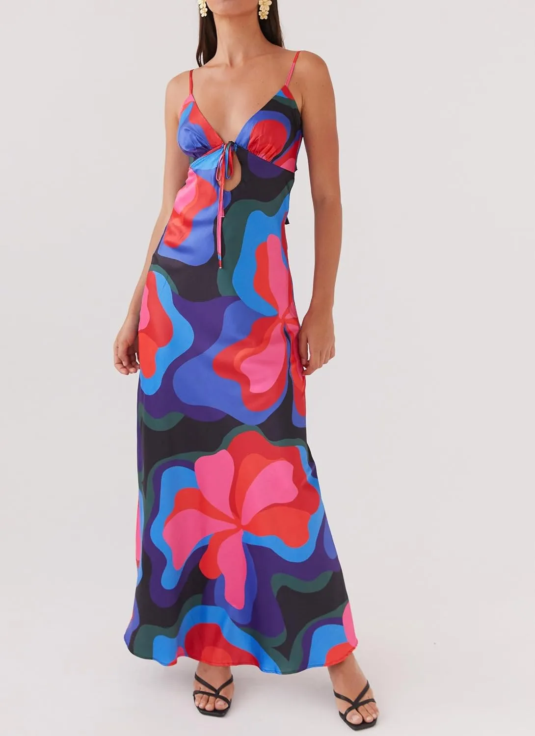Women Silk Satin Maxi Dress Spaghetti Strap Elegant Open Back Long Formal Dress Cut Out Bodycon Dresses