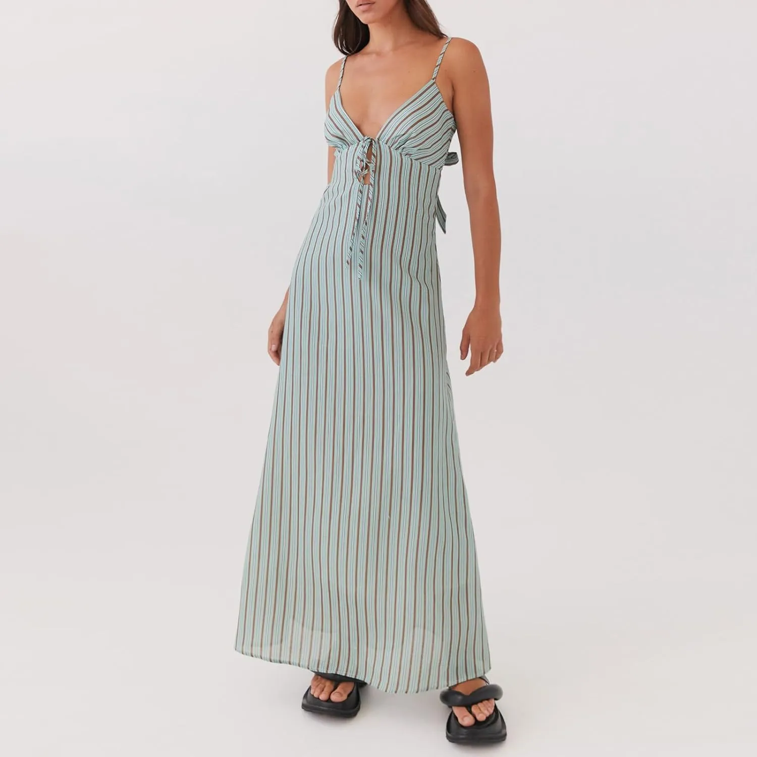 Women Silk Satin Maxi Dress Spaghetti Strap Elegant Open Back Long Formal Dress Cut Out Bodycon Dresses