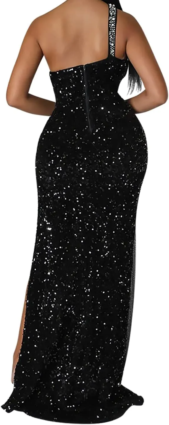 Women Sleeveless Off Shoulder Split Evening Cocktail Long Dress