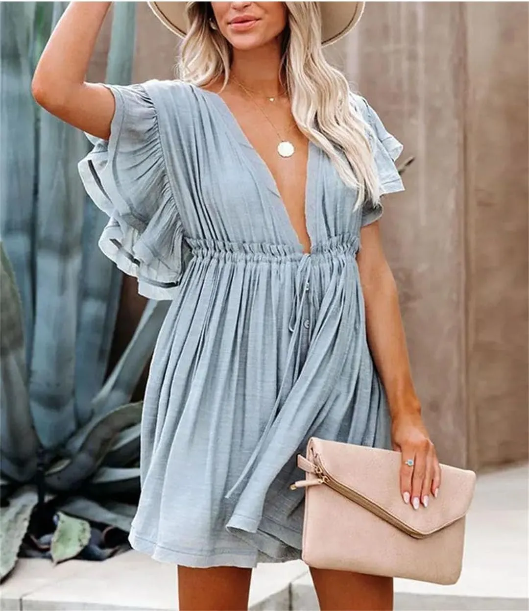 Women Summer Bikini Cover-Ups White Tunic Sexy V-Neck Butterfly Sleeve Beach Wear Mini Dress