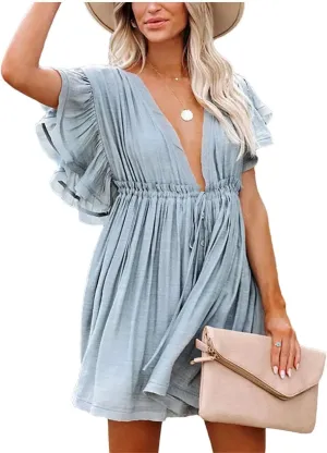 Women Summer Bikini Cover-Ups White Tunic Sexy V-Neck Butterfly Sleeve Beach Wear Mini Dress