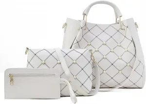 Women Tote Bag Faux Leather Handbags Pearl Check Top Handle Bag Satchel Handbags Purse Crossbody Bag Wallet 3Pc Set
