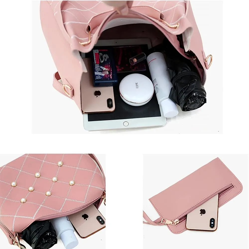 Women Tote Bag Faux Leather Handbags Pearl Check Top Handle Bag Satchel Handbags Purse Crossbody Bag Wallet 3Pc Set