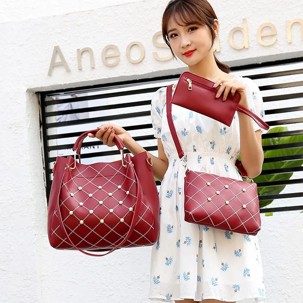 Women Tote Bag Faux Leather Handbags Pearl Check Top Handle Bag Satchel Handbags Purse Crossbody Bag Wallet 3Pc Set