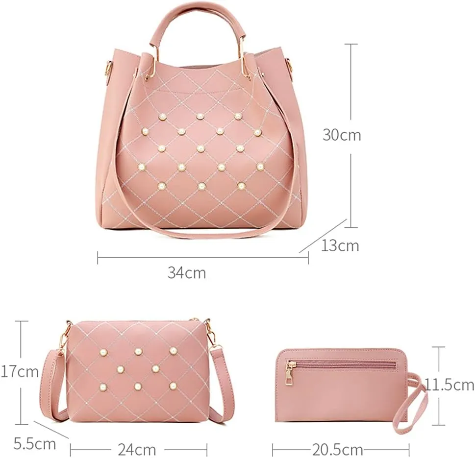 Women Tote Bag Faux Leather Handbags Pearl Check Top Handle Bag Satchel Handbags Purse Crossbody Bag Wallet 3Pc Set