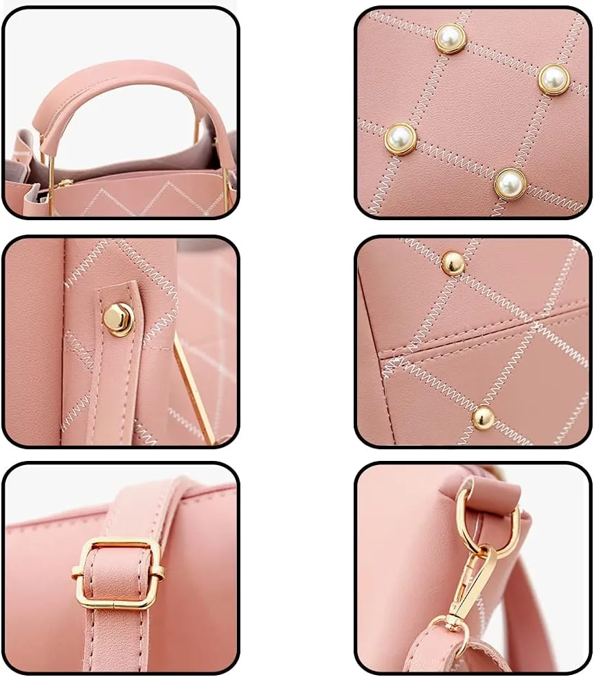 Women Tote Bag Faux Leather Handbags Pearl Check Top Handle Bag Satchel Handbags Purse Crossbody Bag Wallet 3Pc Set