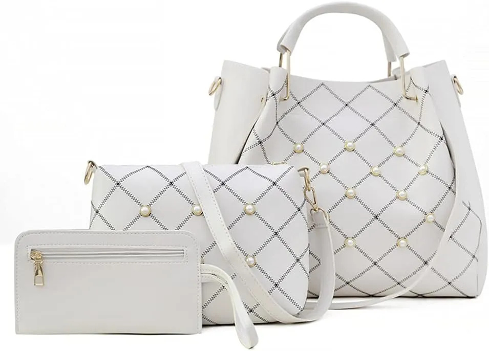 Women Tote Bag Faux Leather Handbags Pearl Check Top Handle Bag Satchel Handbags Purse Crossbody Bag Wallet 3Pc Set