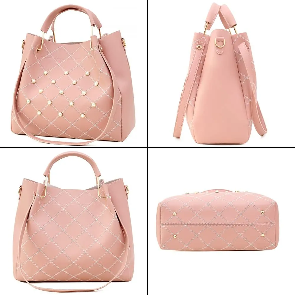 Women Tote Bag Faux Leather Handbags Pearl Check Top Handle Bag Satchel Handbags Purse Crossbody Bag Wallet 3Pc Set