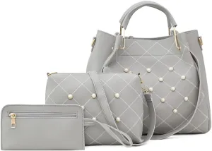 Women Tote Bag Faux Leather Handbags Pearl Check Top Handle Bag Satchel Handbags Purse Crossbody Bag Wallet 3Pc Set