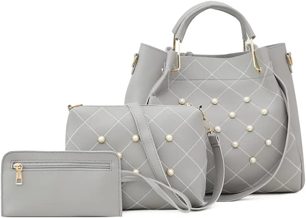 Women Tote Bag Faux Leather Handbags Pearl Check Top Handle Bag Satchel Handbags Purse Crossbody Bag Wallet 3Pc Set