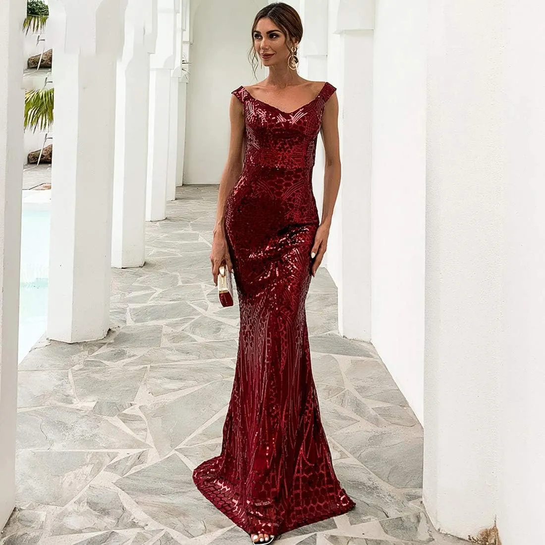 Women V Neck Off Shoulder Backless Sleeveless Floor Length Sequin Wedding Evening Party Maxi Dress