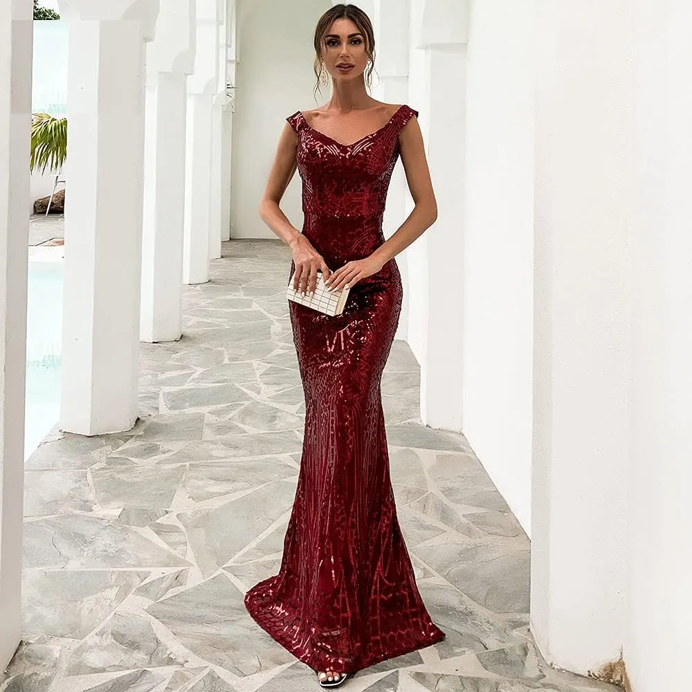 Women V Neck Off Shoulder Backless Sleeveless Floor Length Sequin Wedding Evening Party Maxi Dress