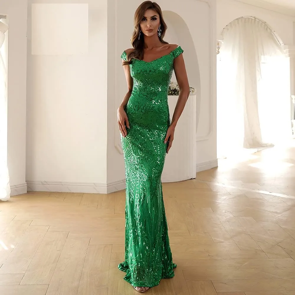 Women V Neck Off Shoulder Backless Sleeveless Floor Length Sequin Wedding Evening Party Maxi Dress