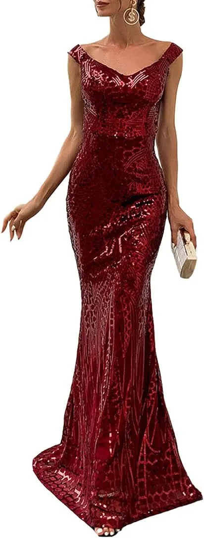 Women V Neck Off Shoulder Backless Sleeveless Floor Length Sequin Wedding Evening Party Maxi Dress