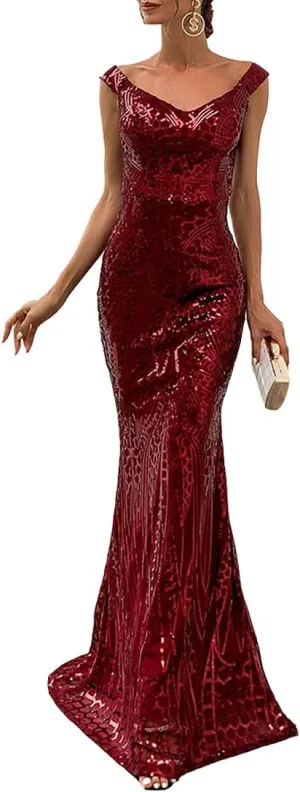 Women V Neck Off Shoulder Backless Sleeveless Floor Length Sequin Wedding Evening Party Maxi Dress