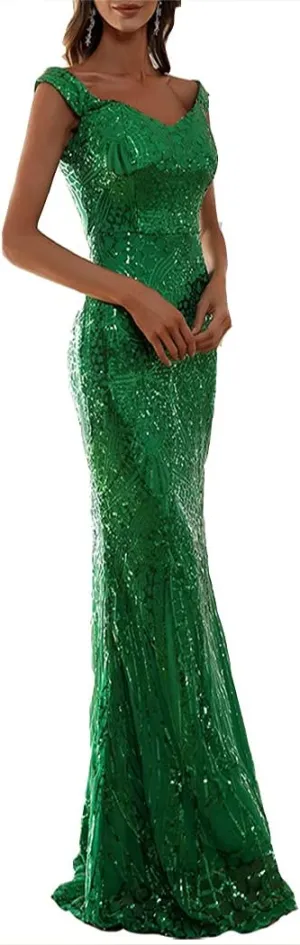 Women V Neck Off Shoulder Backless Sleeveless Floor Length Sequin Wedding Evening Party Maxi Dress