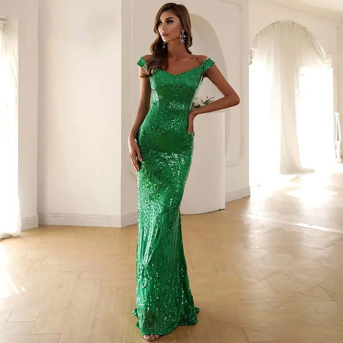 Women V Neck Off Shoulder Backless Sleeveless Floor Length Sequin Wedding Evening Party Maxi Dress