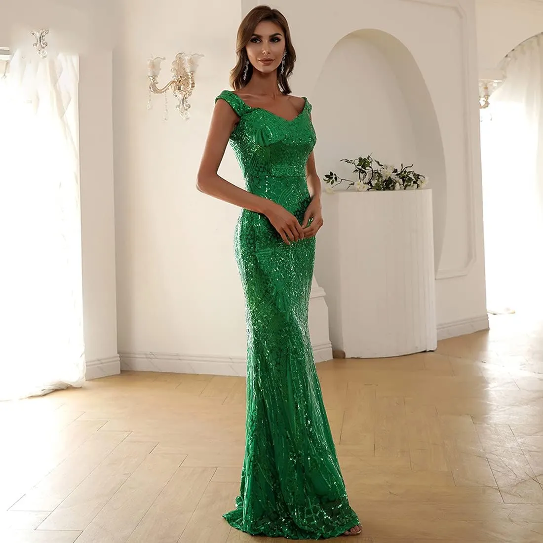 Women V Neck Off Shoulder Backless Sleeveless Floor Length Sequin Wedding Evening Party Maxi Dress