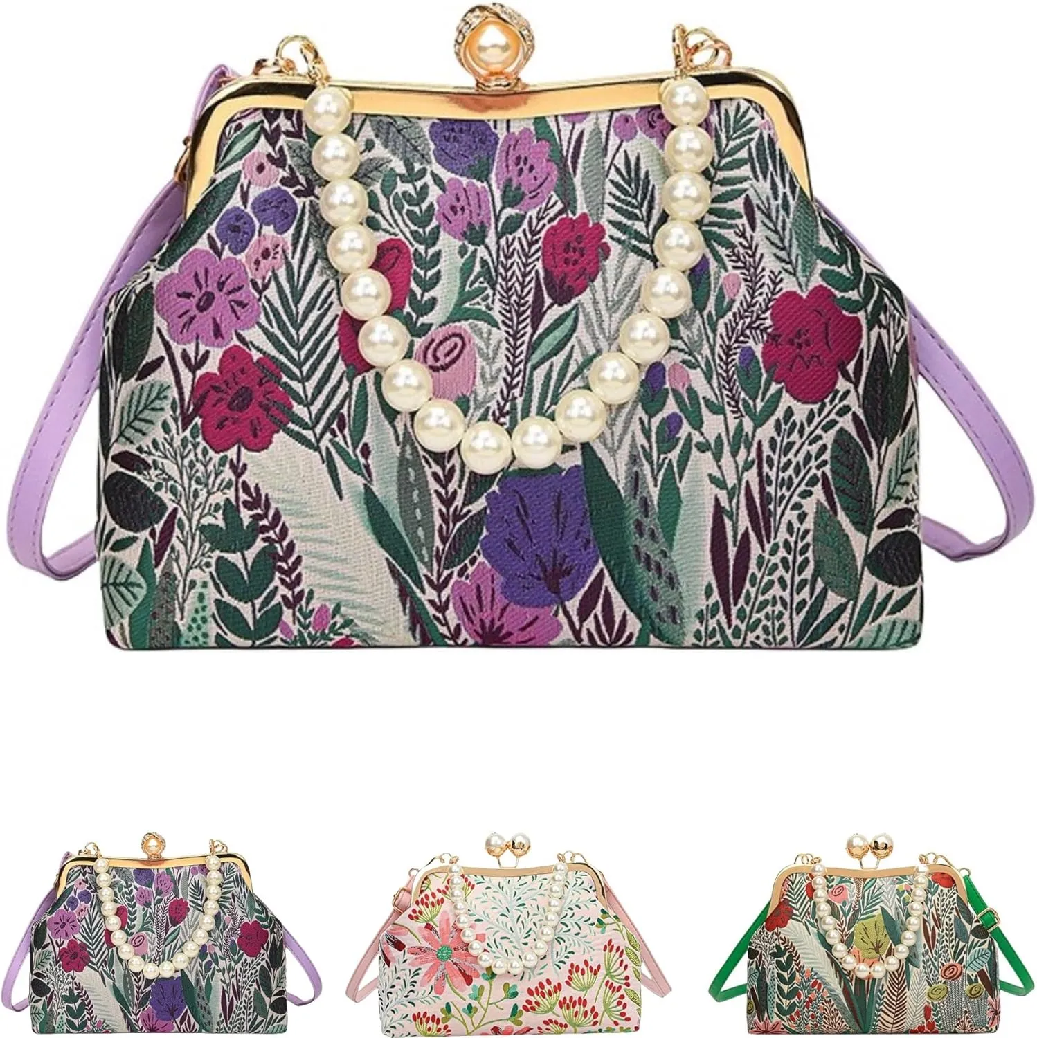 Women Vintage Flower Embroidery Handbag,Shoulder Chain Messenger Clutch,Embroidery Purse Small Pearl Crossbody Bag