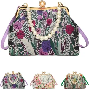 Women Vintage Flower Embroidery Handbag,Shoulder Chain Messenger Clutch,Embroidery Purse Small Pearl Crossbody Bag