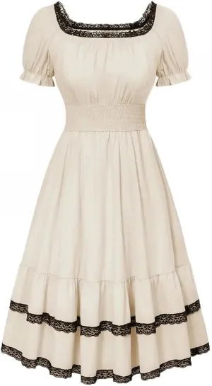 Women Vintage Slim Midi Dress Square Neck Lace Patchwork A-Line Dresses