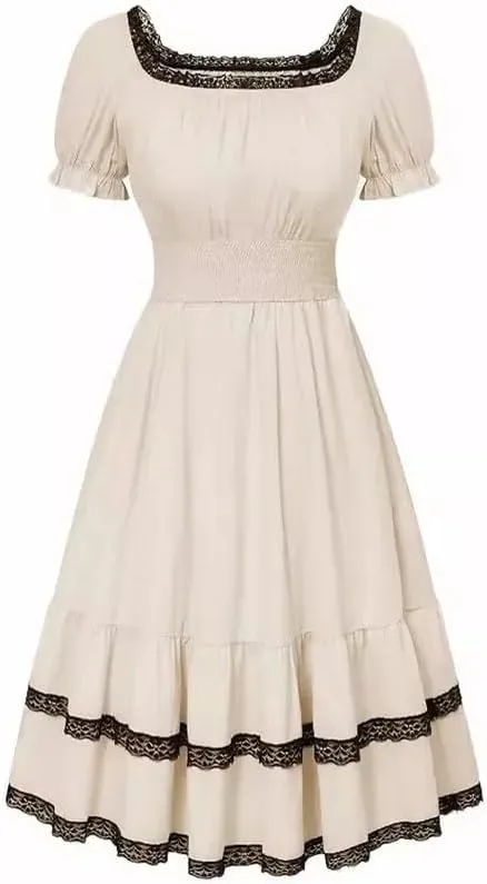 Women Vintage Slim Midi Dress Square Neck Lace Patchwork A-Line Dresses