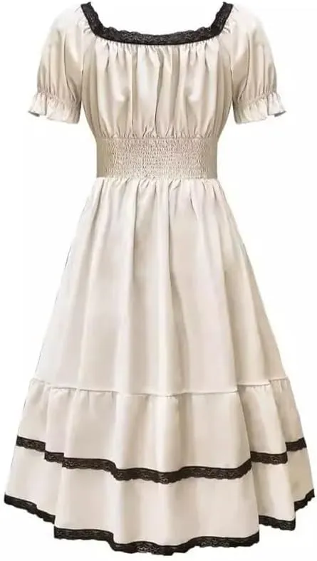 Women Vintage Slim Midi Dress Square Neck Lace Patchwork A-Line Dresses