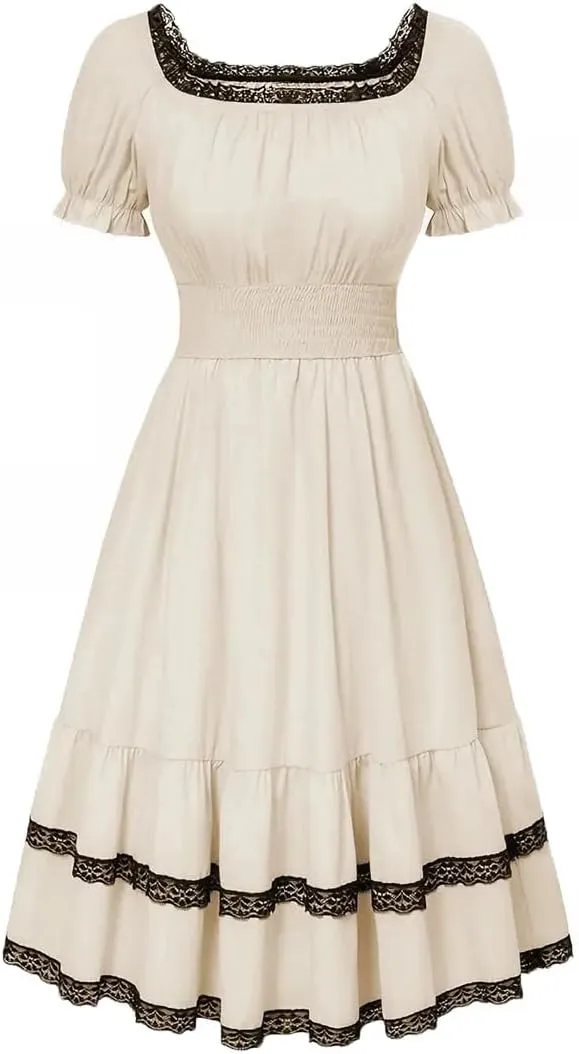 Women Vintage Slim Midi Dress Square Neck Lace Patchwork A-Line Dresses