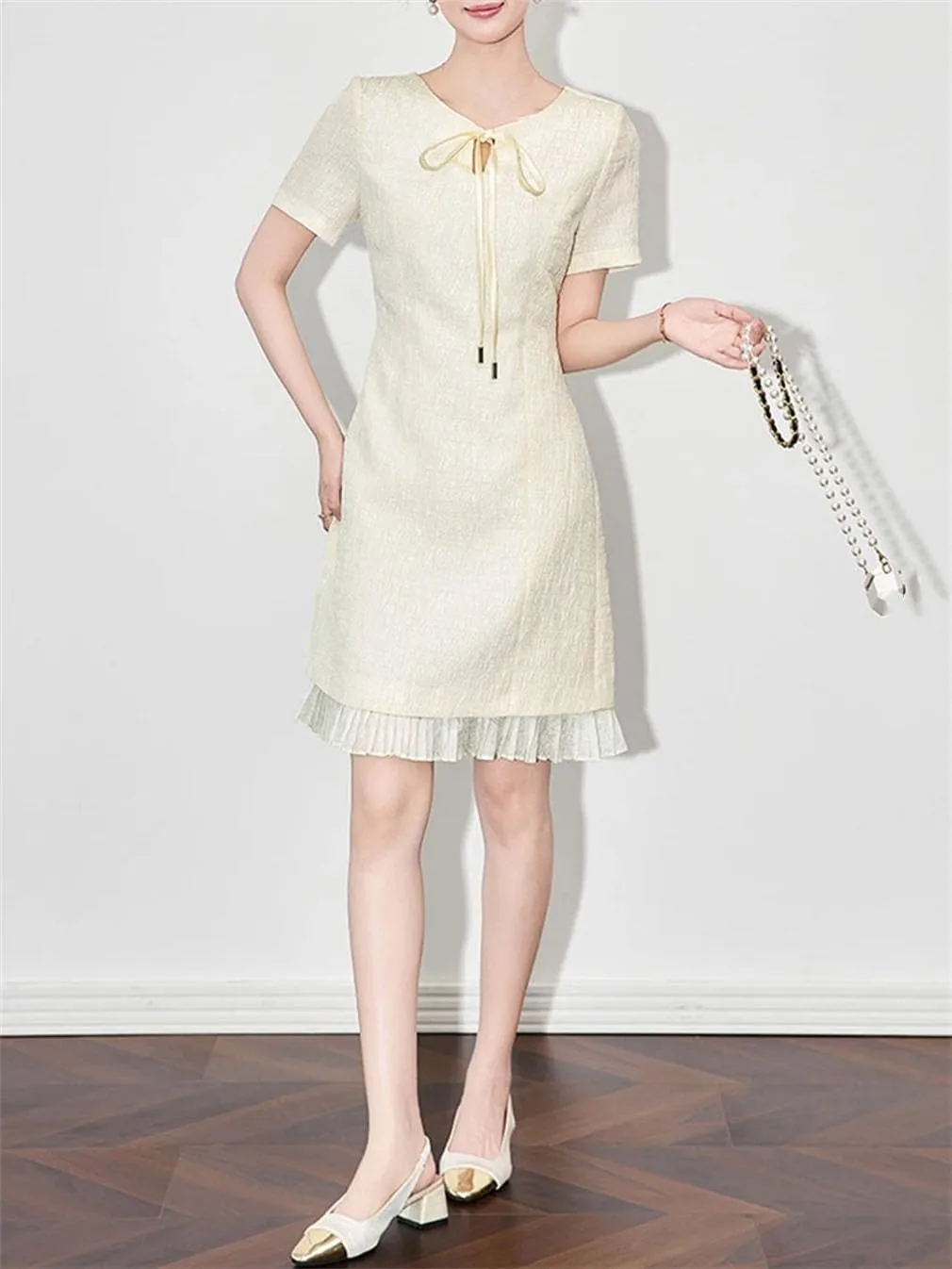 Women Vintage Slim Patchwork Mini Dress Lace Up Crew Neck Short Sleeve Office Lady Dresses