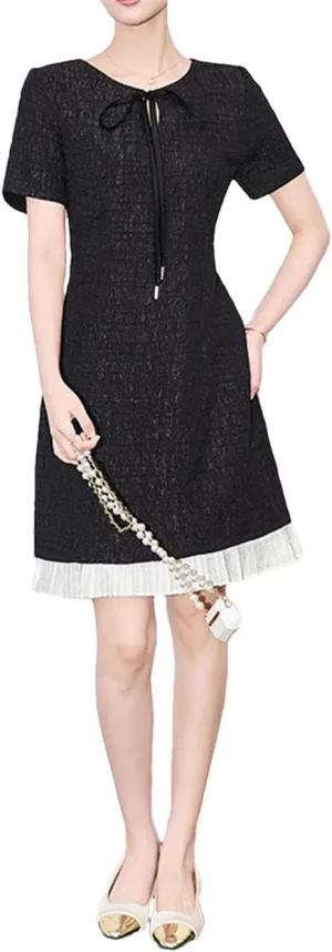 Women Vintage Slim Patchwork Mini Dress Lace Up Crew Neck Short Sleeve Office Lady Dresses