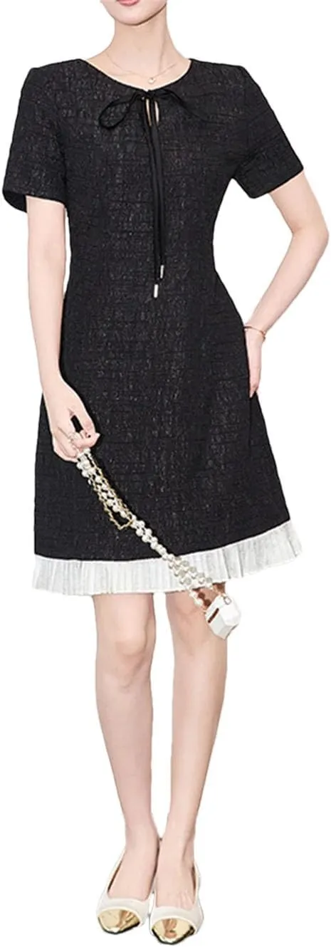 Women Vintage Slim Patchwork Mini Dress Lace Up Crew Neck Short Sleeve Office Lady Dresses