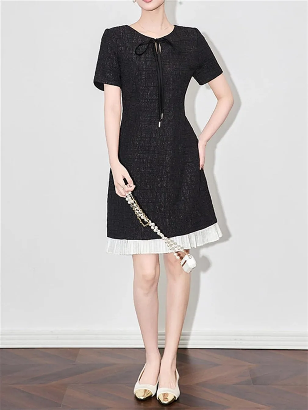 Women Vintage Slim Patchwork Mini Dress Lace Up Crew Neck Short Sleeve Office Lady Dresses