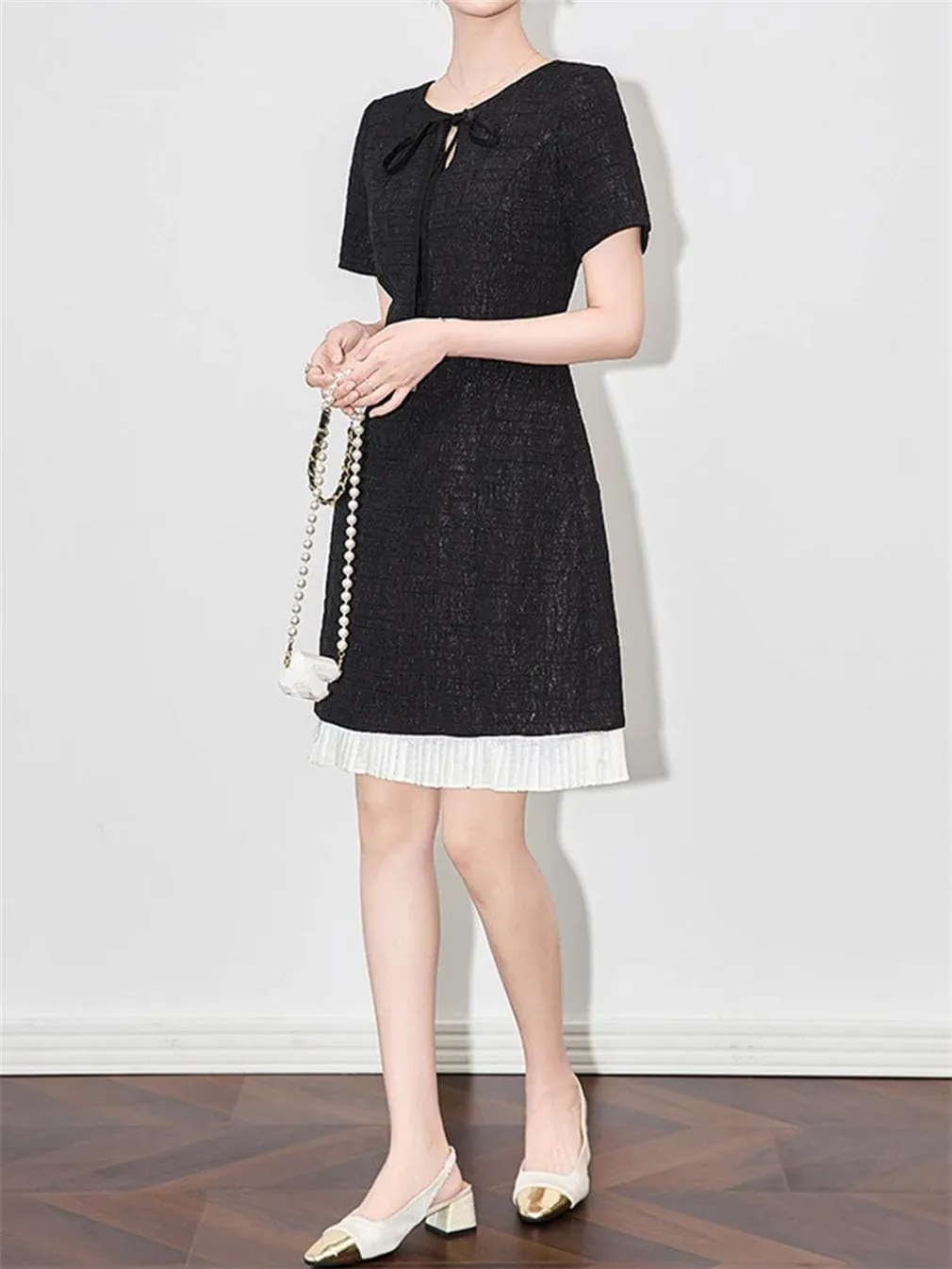 Women Vintage Slim Patchwork Mini Dress Lace Up Crew Neck Short Sleeve Office Lady Dresses