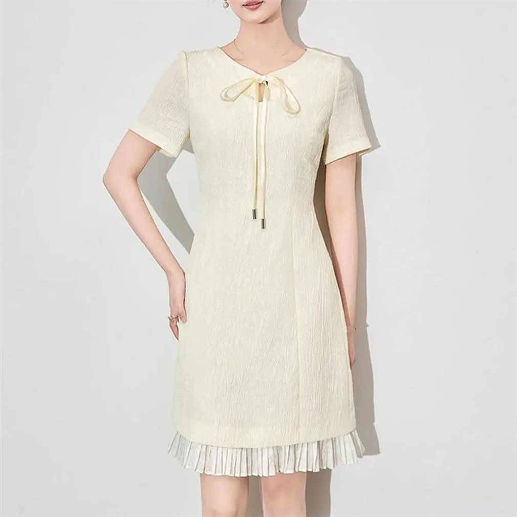Women Vintage Slim Patchwork Mini Dress Lace Up Crew Neck Short Sleeve Office Lady Dresses