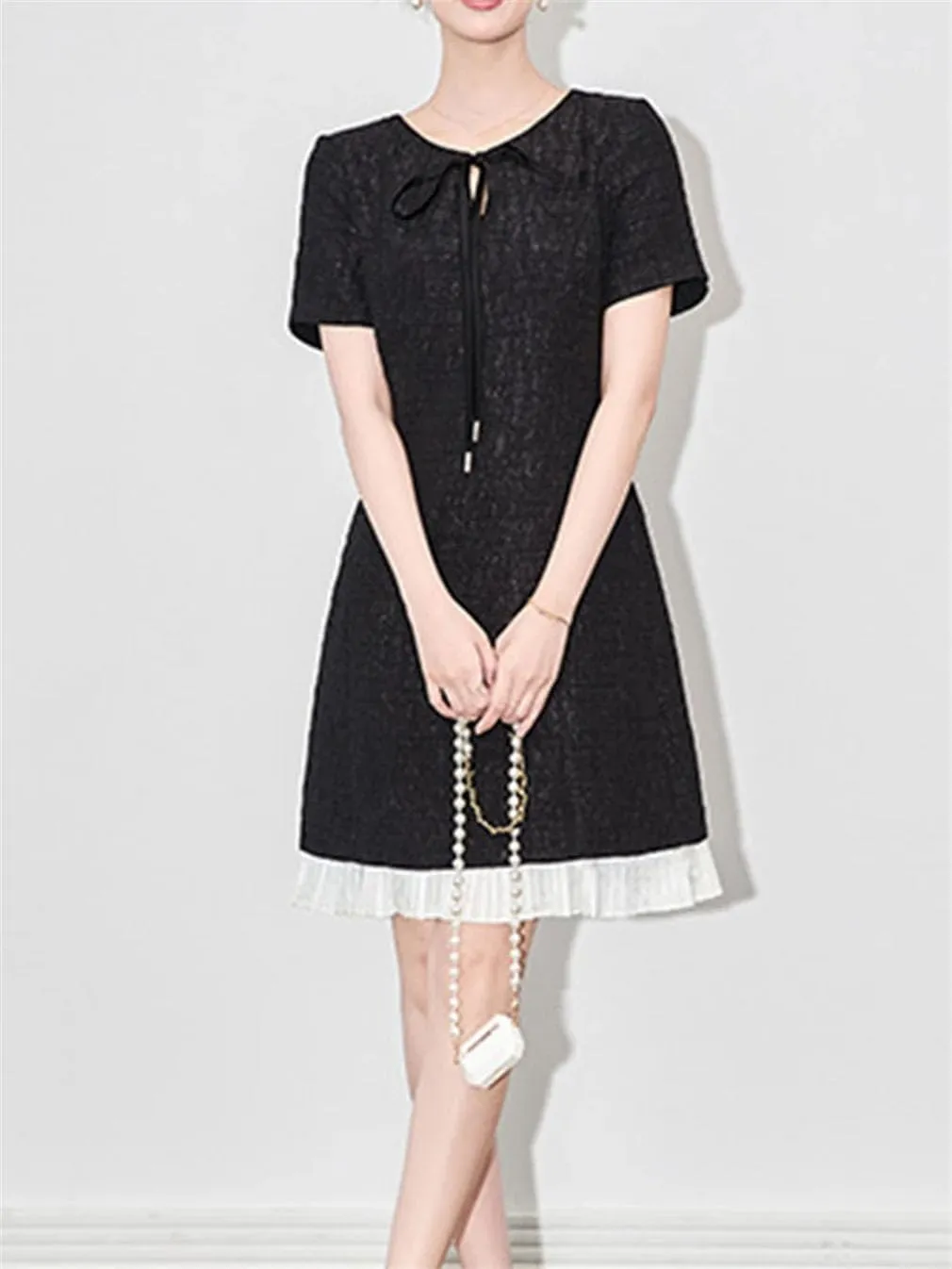 Women Vintage Slim Patchwork Mini Dress Lace Up Crew Neck Short Sleeve Office Lady Dresses