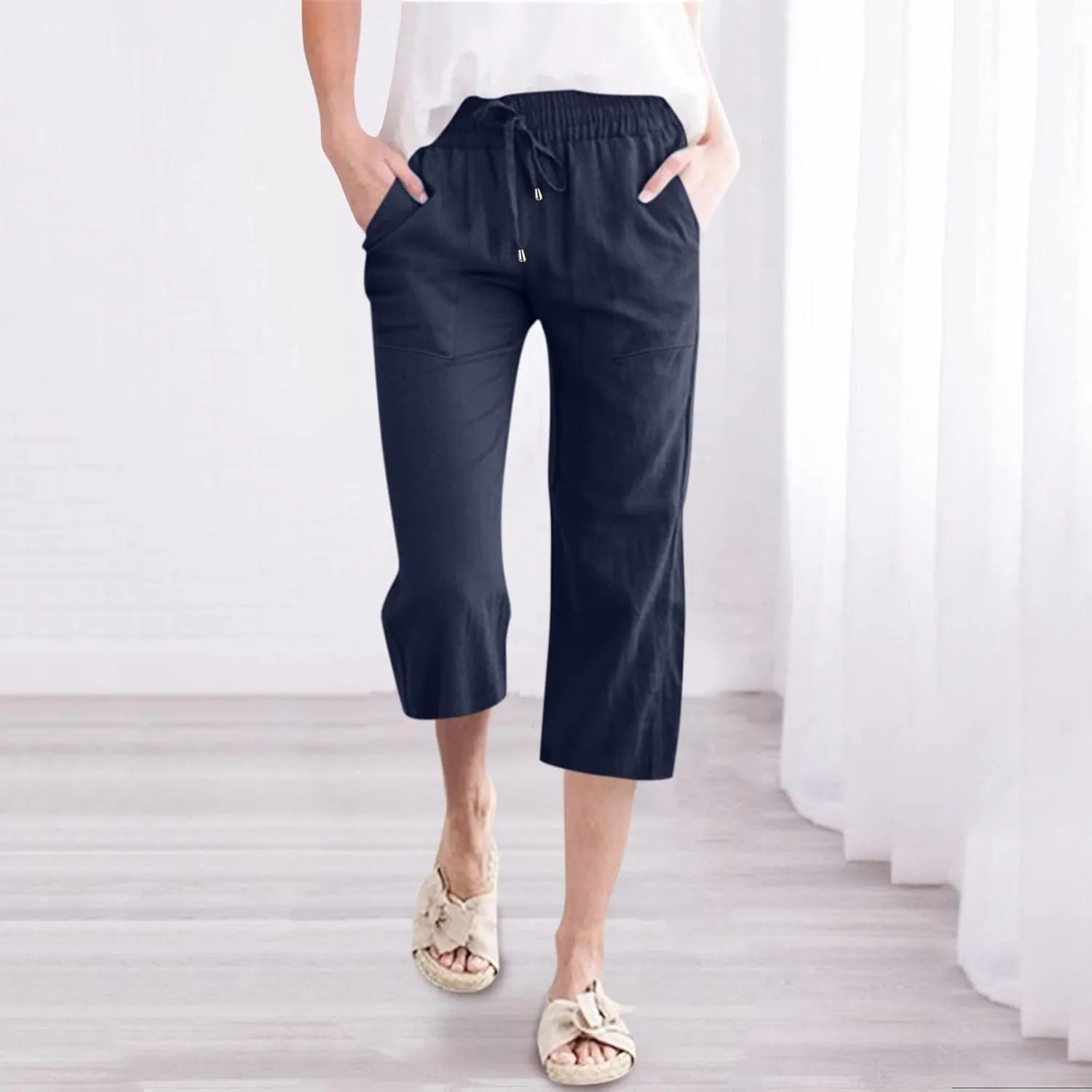 Women Wide Leg Cotton Linen Pants Summer High Waist Palazzo Pants Comfy Solid Trousers with Pocket