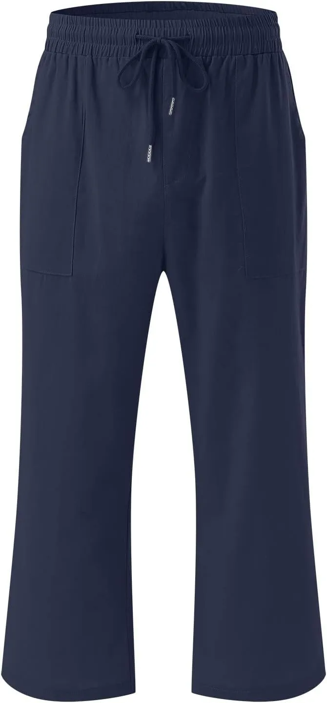 Women Wide Leg Cotton Linen Pants Summer High Waist Palazzo Pants Comfy Solid Trousers with Pocket