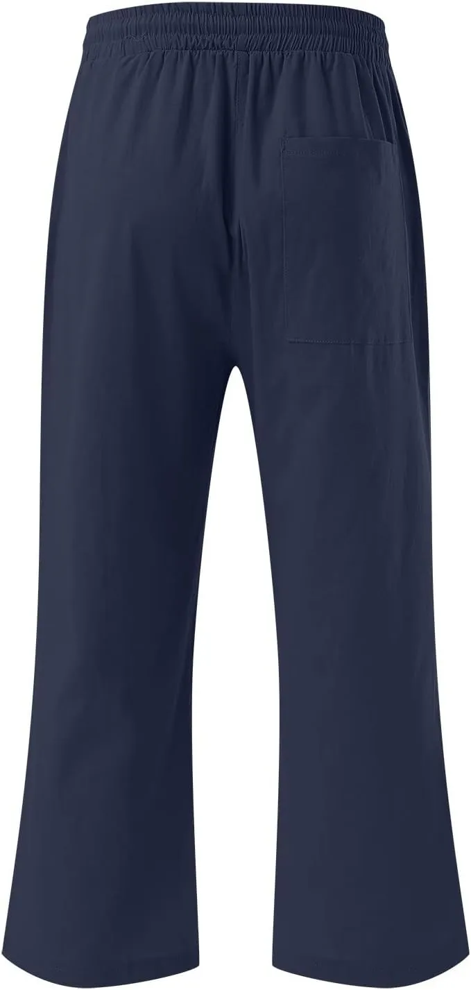 Women Wide Leg Cotton Linen Pants Summer High Waist Palazzo Pants Comfy Solid Trousers with Pocket