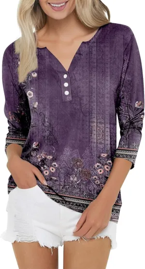 Women Workout Tops,3/4 Sleeve Raglan Shirts for Women Color Block Henley Blouse Striped Button up Shirt