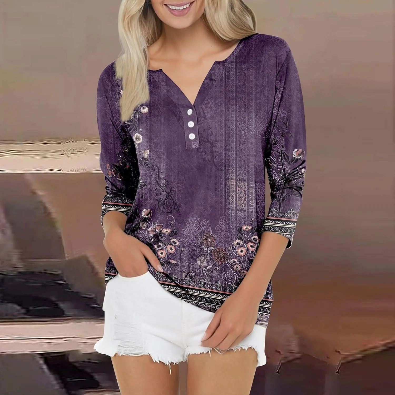 Women Workout Tops,3/4 Sleeve Raglan Shirts for Women Color Block Henley Blouse Striped Button up Shirt