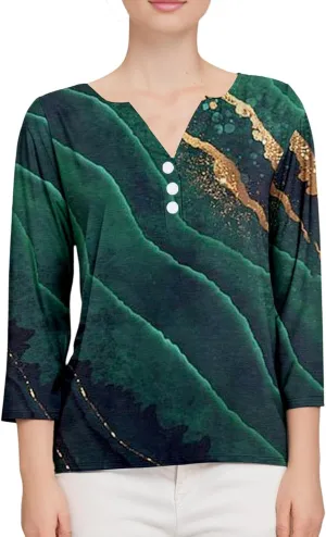 Women Workout Tops,3/4 Sleeve Raglan Shirts for Women Color Block Henley Blouse Striped Button up Shirt