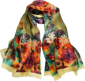 Women's 100% Mulberry Silk Long Scarf-Floral Print Lightweight Scarves-Oblong Summer Travel Sunscreen Shawl 69" x 43"