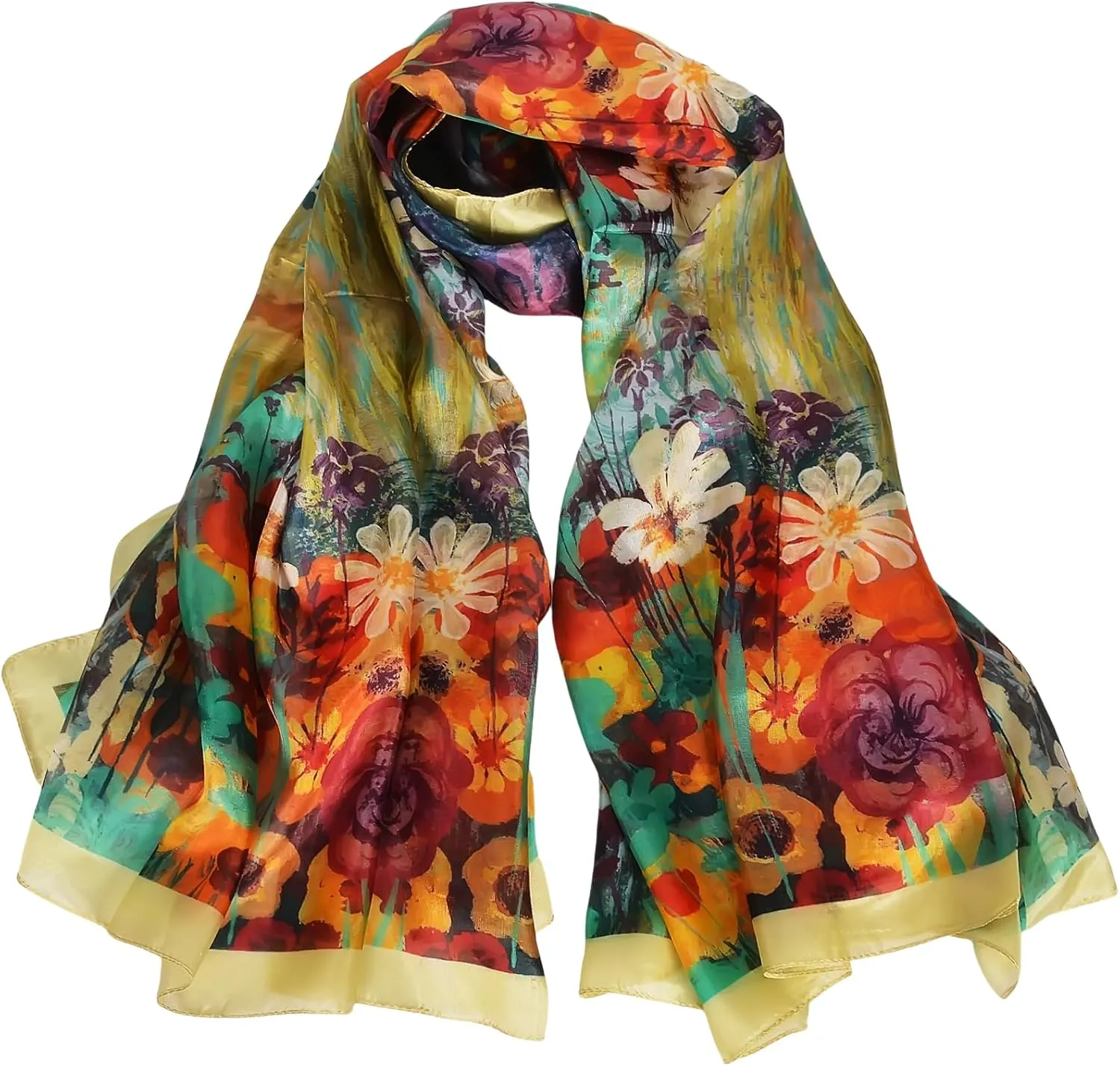 Women's 100% Mulberry Silk Long Scarf-Floral Print Lightweight Scarves-Oblong Summer Travel Sunscreen Shawl 69" x 43"