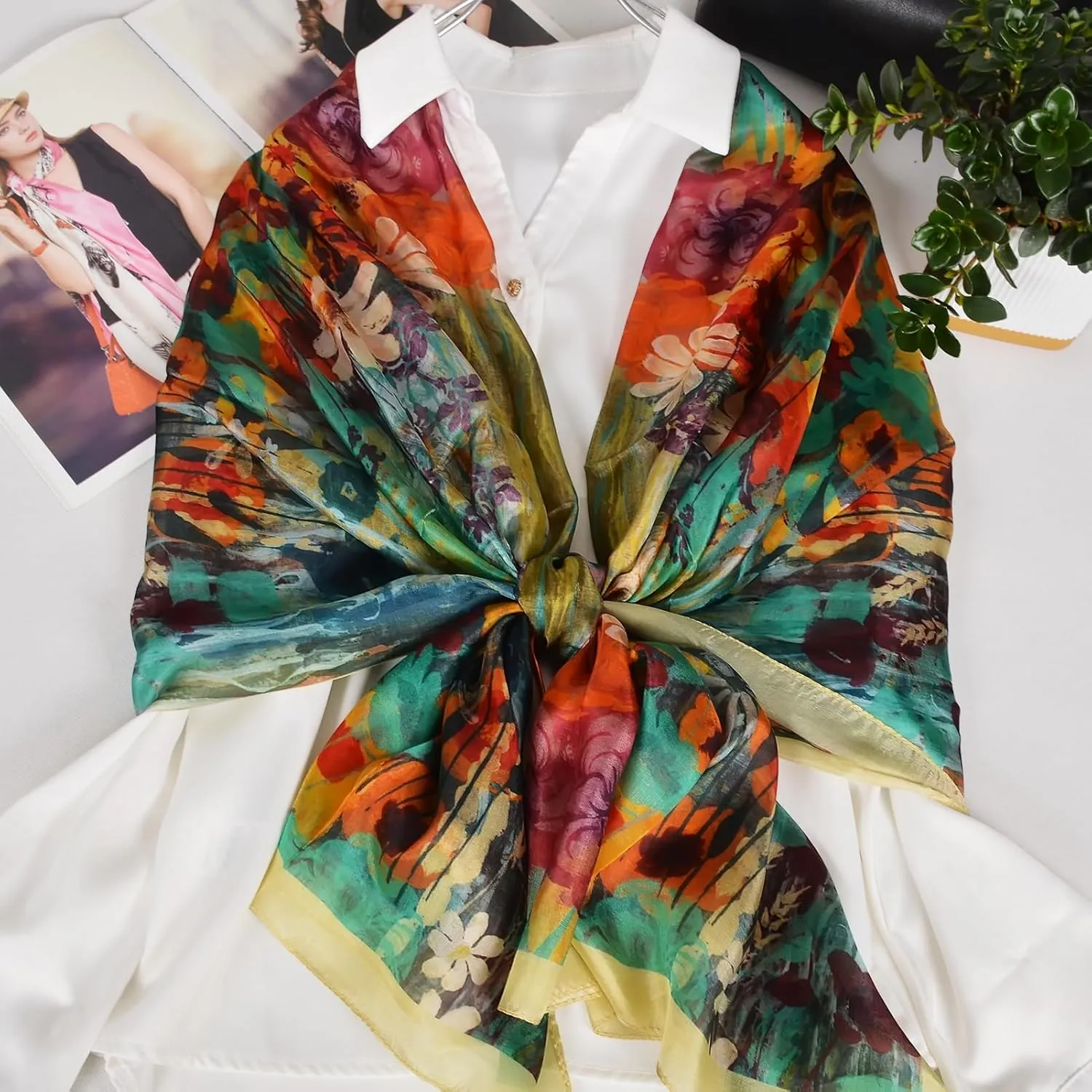 Women's 100% Mulberry Silk Long Scarf-Floral Print Lightweight Scarves-Oblong Summer Travel Sunscreen Shawl 69" x 43"